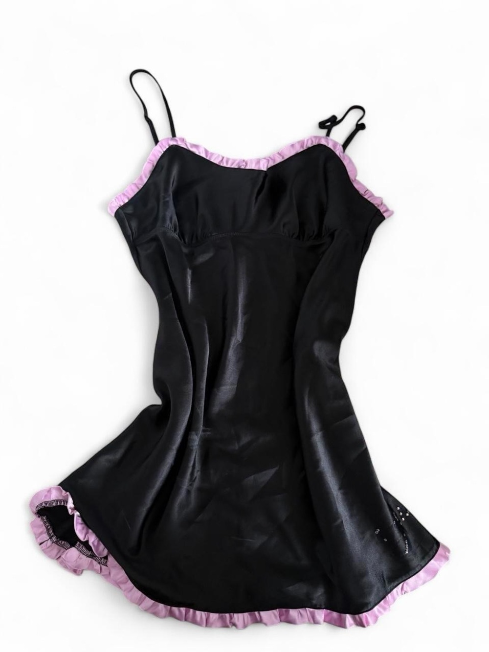 Victoria's Secret Black Satin Slip with Pink Ruffle Trim